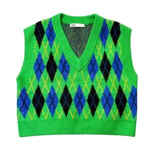 Zara Medium Sweater Green Argyle Poly Wool Blend Cropped Sleeveless